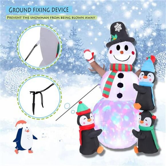 6FT Christmas Inflatables Snowman with Three Penguins, with LED - Picture 2 of 6